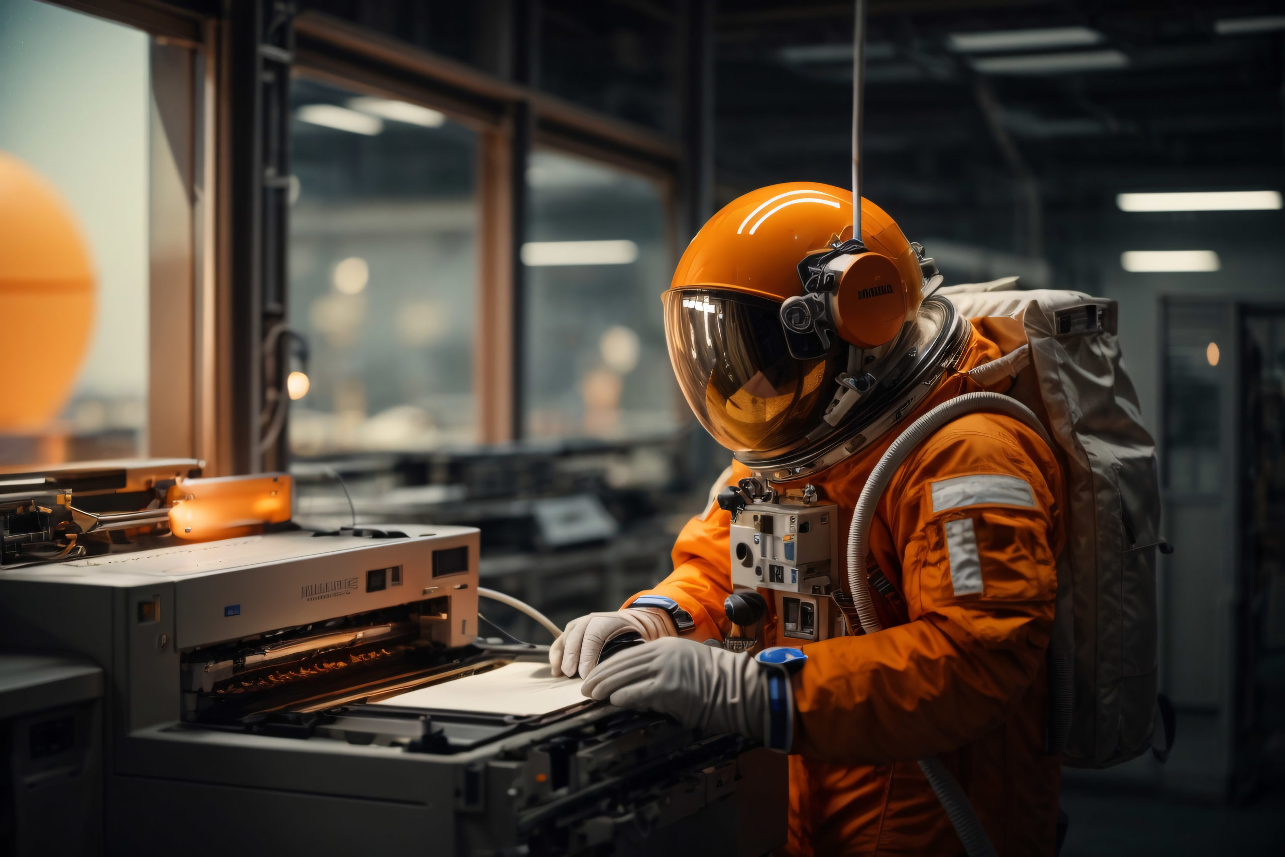Astronaut bedient einen Drucker in einer Spacestation