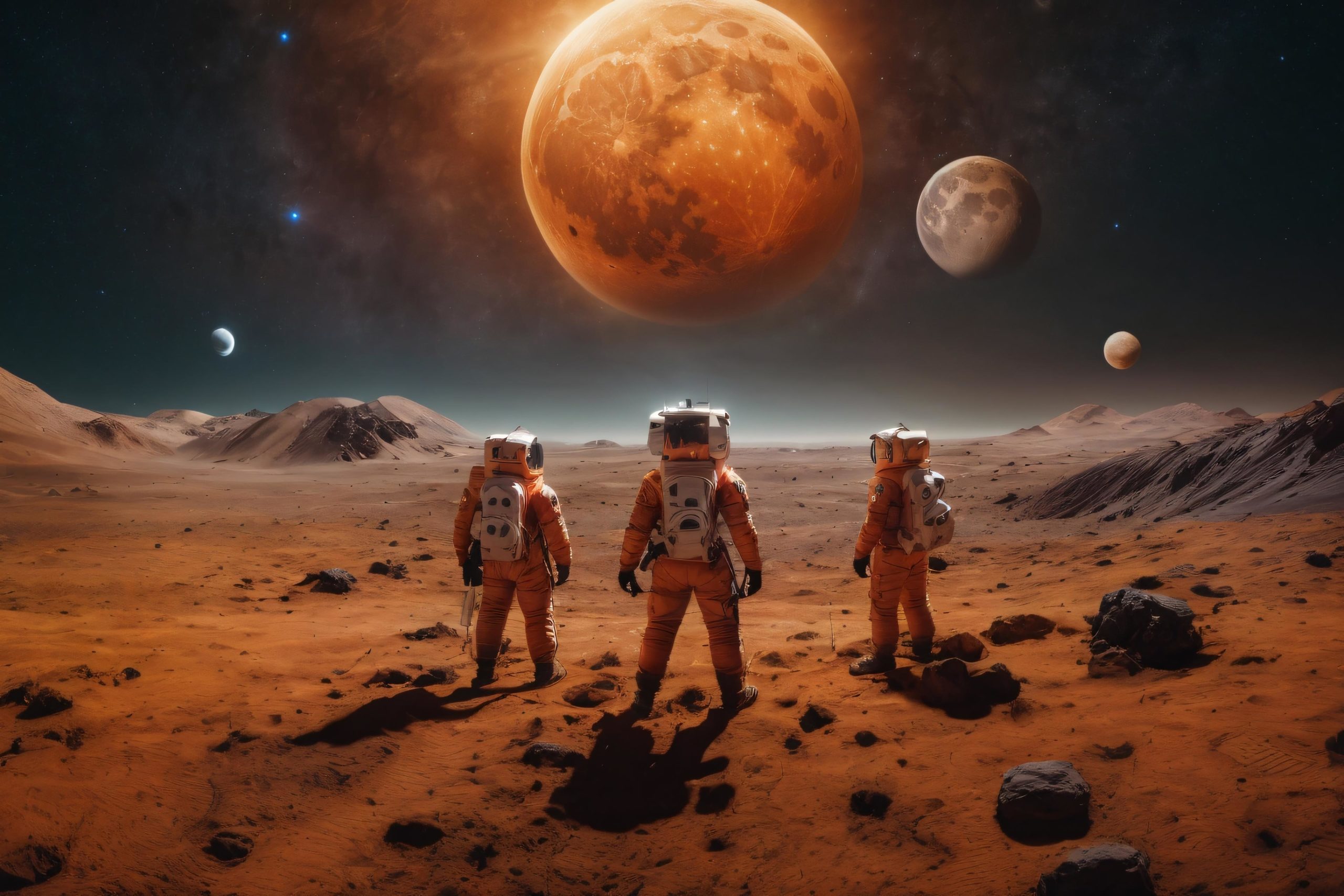 drei astronauten stehen auf einem orangenen Planenten